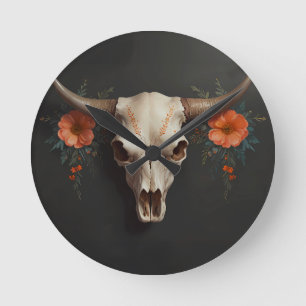Boho Chic Watercolor Minimalist Blommigt Cow Skull Rund Klocka