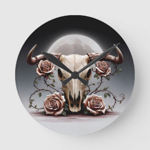 Boho Chic Watercolor Romantic Blommigt Cow Skull Rund Klocka