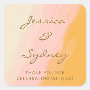 Boho Chic Watercolor Rosa Gult Bröllop Tack Fyrkantigt Klistermärke