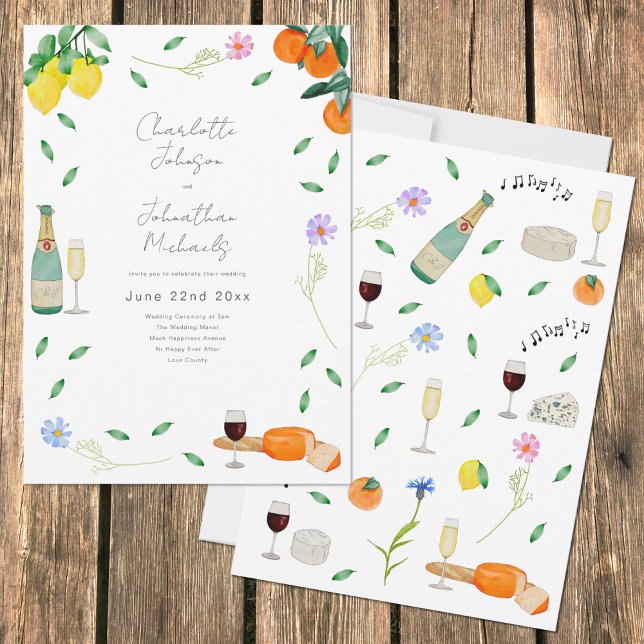 Boho Chic Watercolor Rustic Summer Bröllop Inbjudningar (Lemon and orange botanical citrus boho watercolor wedding invitation )