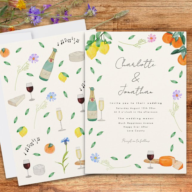 Boho Chic Watercolor Rustic Summer Bröllop Inbjudningar (Boho citrus whimsical wedding invitation with wine and cheese and wildflower watercolors)