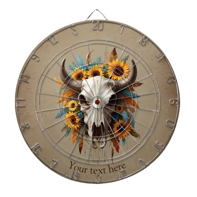 Boho Chic Watercolor Solros Feather Cow Skull Darttavla (Framsidan)