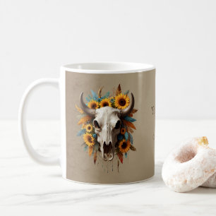 Boho Chic Watercolor Solros Feather Cow Skull Kaffemugg