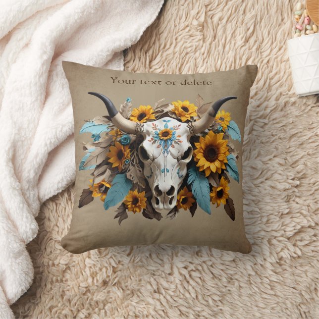 Boho Chic Watercolor Solros Feather Cow Skull Kudde (Filt)