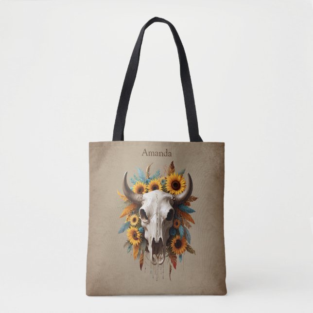 Boho Chic Watercolor Solros Feather Cow Skull Tygkasse (Framsida)