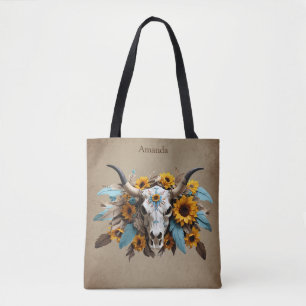 Boho Chic Watercolor Solros Feather Cow Skull Tygkasse