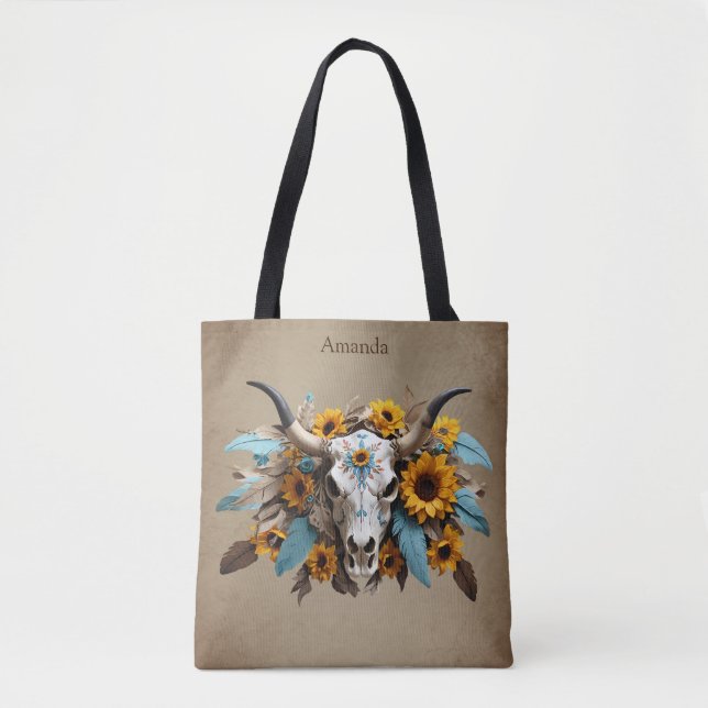 Boho Chic Watercolor Solros Feather Cow Skull Tygkasse (Framsida)