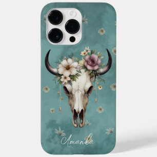 Boho Chic Watercolor Teal Blommigt Cow Skull
