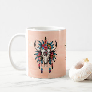 Boho Chic Watercolor Tribal Blommigt Cow Skull Kaffemugg