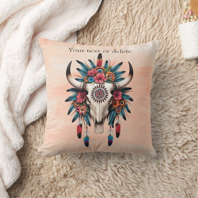 Boho Chic Watercolor Tribal Blommigt Cow Skull Kudde (Filt)