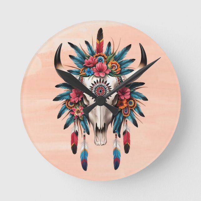 Boho Chic Watercolor Tribal Blommigt Cow Skull Rund Klocka (Framsida)