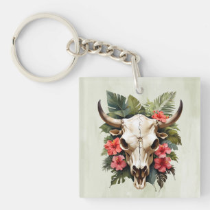 Boho Chic Watercolor Tropical Blommigt Cow Skull