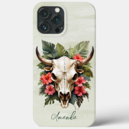 Boho Chic Watercolor Tropical Blommigt Cow Skull