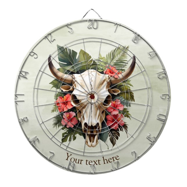 Boho Chic Watercolor Tropical Blommigt Cow Skull Darttavla (Framsidan)