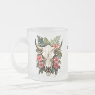 Boho Chic Watercolor Tropical Blommigt Cow Skull Frostad Glasmugg