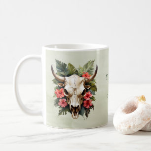 Boho Chic Watercolor Tropical Blommigt Cow Skull Kaffemugg