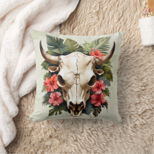 Boho Chic Watercolor Tropical Blommigt Cow Skull Kudde