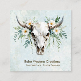Boho Chic Watercolor White Blommigt Cow Skull Fyrkantigt Visitkort