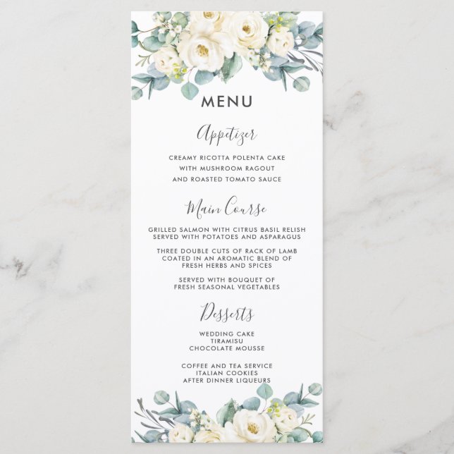 Boho Chic White Blommigt Eucalyptus Bröllop Menu Program (Framsida)