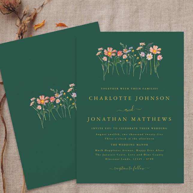 Boho Chic Wildblomblomma Grönt och Guld Bröllop Inbjudningar (Boho fall Wildflower floral green & gold Wedding invitation Elegant modern watercolor autumn flowers)