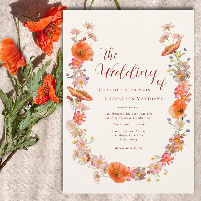 Boho Chic WildblommFall Wedding Inbjudningar (Boho wildflower elegant script wedding  invitation with orange watercolor floral)