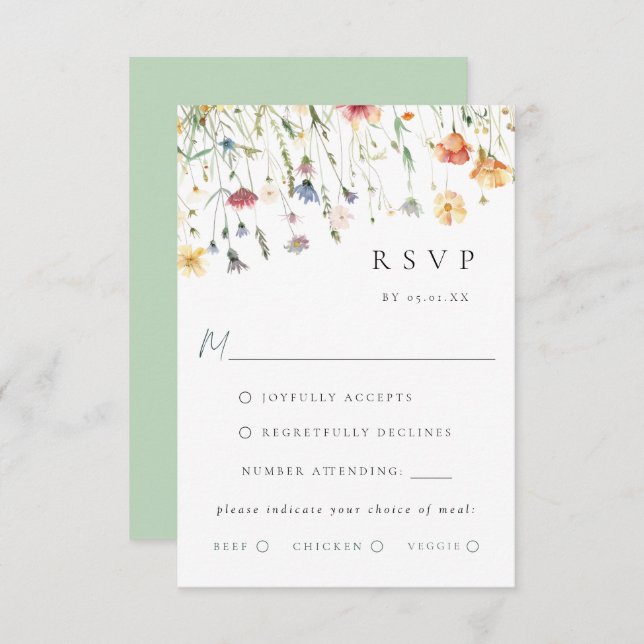 Boho Chic Wildflower Wedding Meal Choice RSVP Card OSA Kort (Fram/baksida)