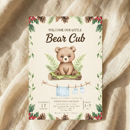 boho chic woodland bear greenery baby shower inbjudningar