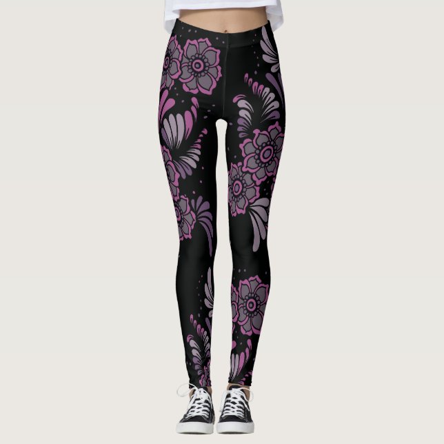 Boho Chic Yoga Zen Lila Blommigt Mandala Mönster Leggings (Framsida)