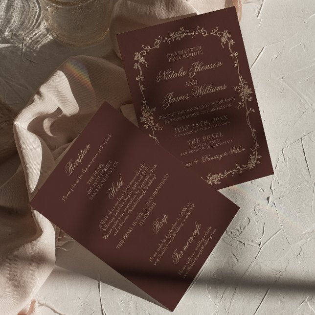 Boho Choklad Brun Blommig Allt-i-ett Bröllop Inbjudningar (Skapare uppladdad)