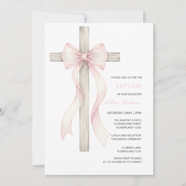 Boho Christening Baptism girl bow invitation Inbjudningar (Framsida)