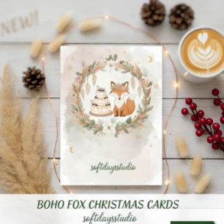 Boho Christmas Fox Greeting Card - Whimsical Woodl Julkort