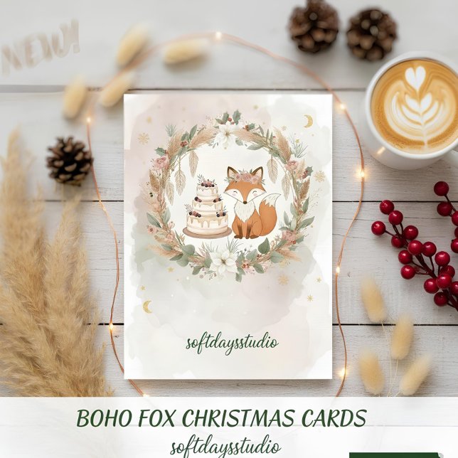 Boho Christmas Fox Greeting Card - Whimsical Woodl Julkort (Skapare uppladdad)