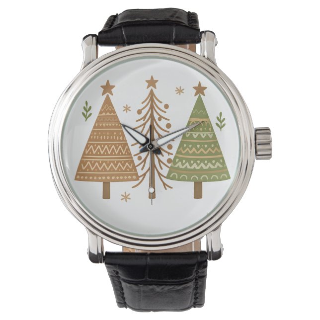 Boho Christmas Trees Neutral Holiday Style Armbandsur (Framsida)