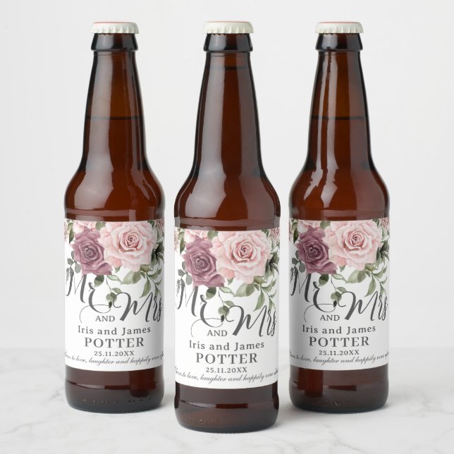 Boho Cinnamon Ro  Rosa Blommigt Bröllop Ölflaska Etikett (Flaskor)