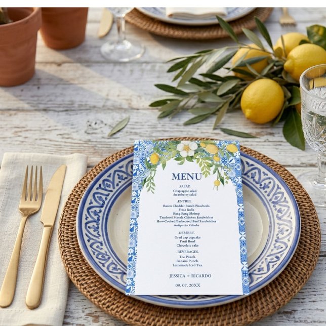 Boho Citron Blå Medelhavs kakel Italiensk Bröllop Meny (Skapare uppladdad)