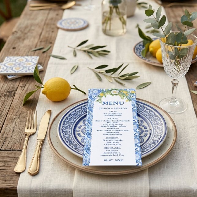 Boho Citron Blå Medelhavsplattor Italiensk Bröllop Meny (Skapare uppladdad)