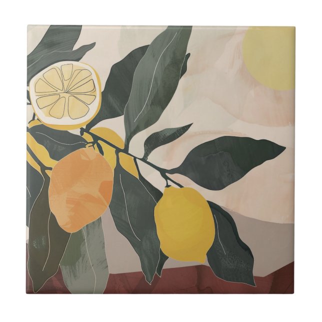 Boho Citron Gren med Sol Abstrakt Frukt Konstverk Kakelplatta (Framsidan)
