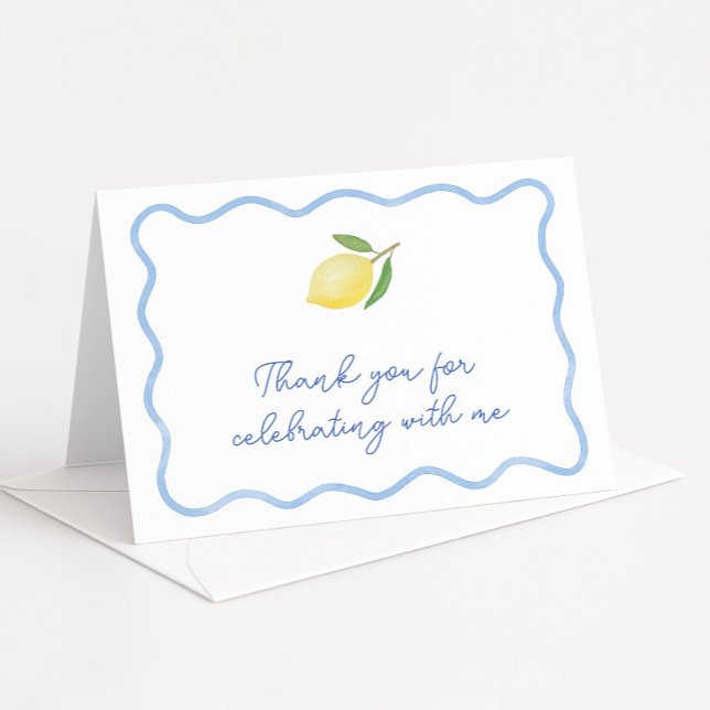 Boho Citron Ljusblå Vågig Kant Bröllopsfest Tack Kort (Modern lemon thank you card design with boho wavy border and tile print reverse)