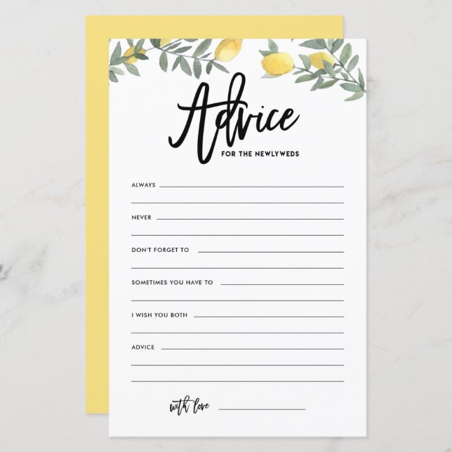 Boho Citron Råd till Nygifta Bröllopsråd (Fram/baksida)