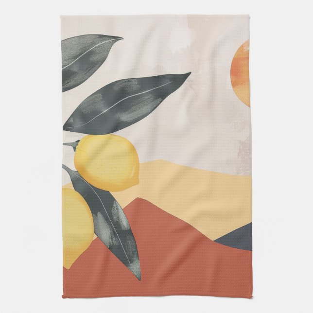 Boho Citronongren med Sol Minimalistisk Abstrakt Kökshandduk (Vertikal)