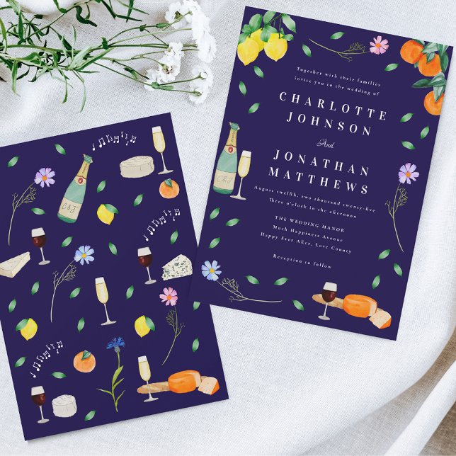 Boho Citrus & Vin Navyblå Bröllop Inbjudningar (Wildflower boho citrus floral wine and cheese navy blue Wedding invitation barn backyard wedding)