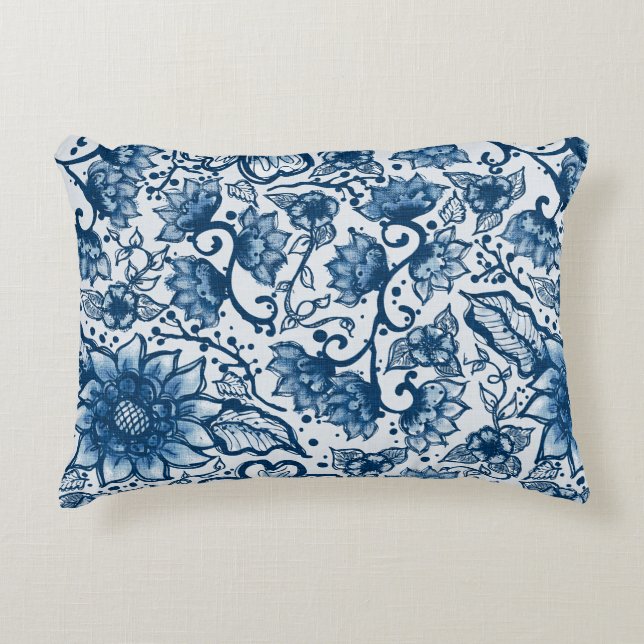 Boho Classic Blue-Blommigtar | Stor upprepning Prydnadskudde (Framsidan)