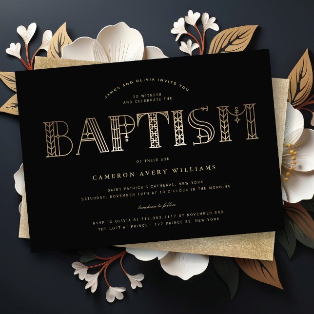 Boho Classy Guld/Black Typography Elegant Baptism Inbjudningar (Boho Classy Gold/Black Typography Elegant Baptism Religious Invitation @ fat_fa_tin)