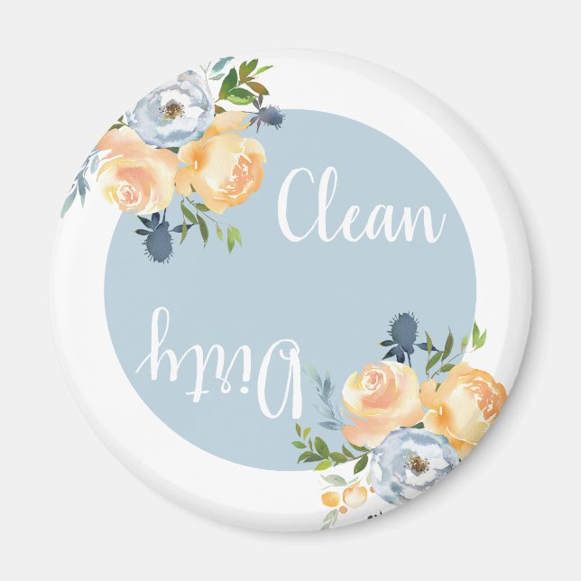 Boho Clean Dirty Blommigt Blue Dishwasher Magnet (Framsidan)