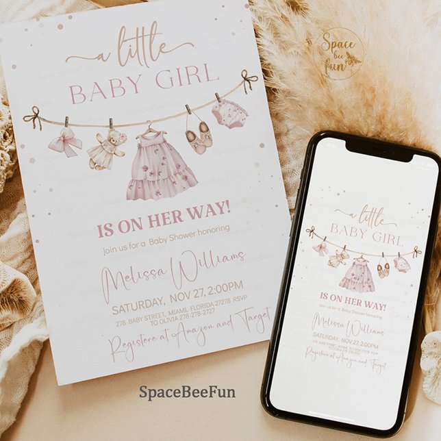 Boho Clothes Baby Shower Inbjudningar (boho baby shower invitation, pink blush baby shower, baby girl shower invite, boho baby clothes them)