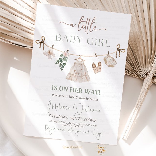 Boho Clothes Baby Shower Inbjudningar (boho baby shower invitation, sage green baby shower, baby girl shower invite, boho baby clothes them)