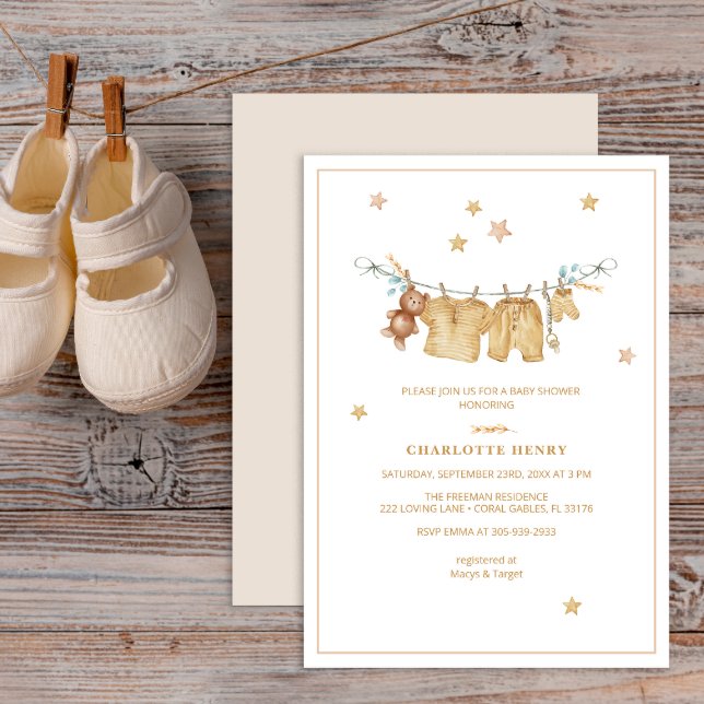 Boho Clothesline Baby Shower-inbjudan Inbjudningar (Watercolor clothesline Baby Shower Invitation)