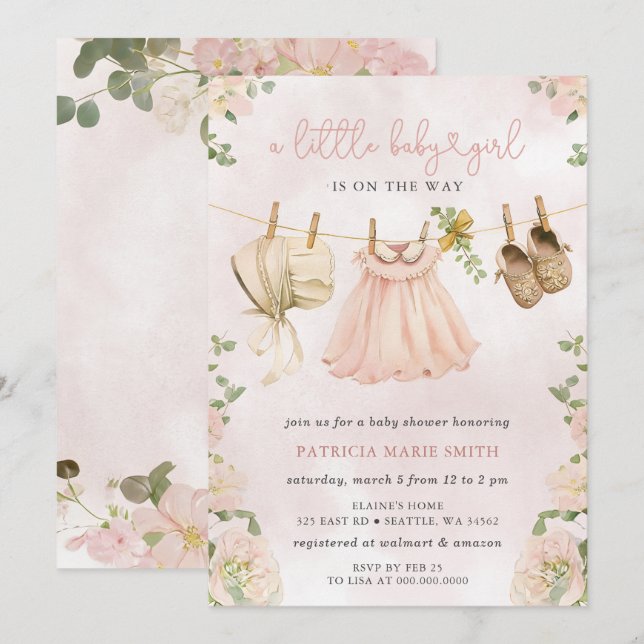 Boho Clothesline blommigt Girl Baby Shower Inbjudningar (Fram/baksida)