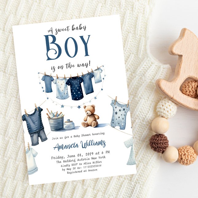 Boho Clothesline Blue Sweet Boy Shower Inbjudningar (Skapare uppladdad)