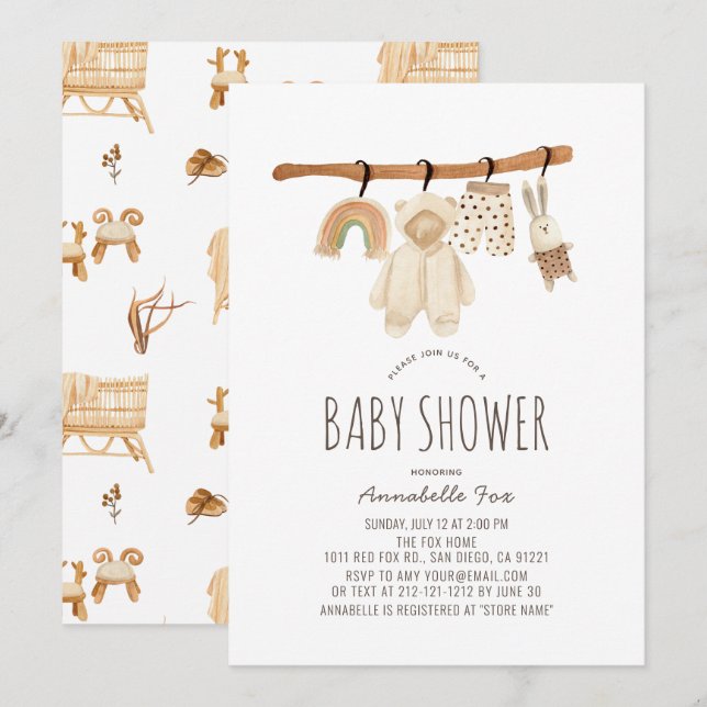 Boho Clothesline Gender Neutral Baby Shower Inbjudningar (Fram/baksida)